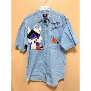 Faded Glory Denim Halloween Shirt‎ Mens Medium Ghost Pumpkin Spider Button Up
